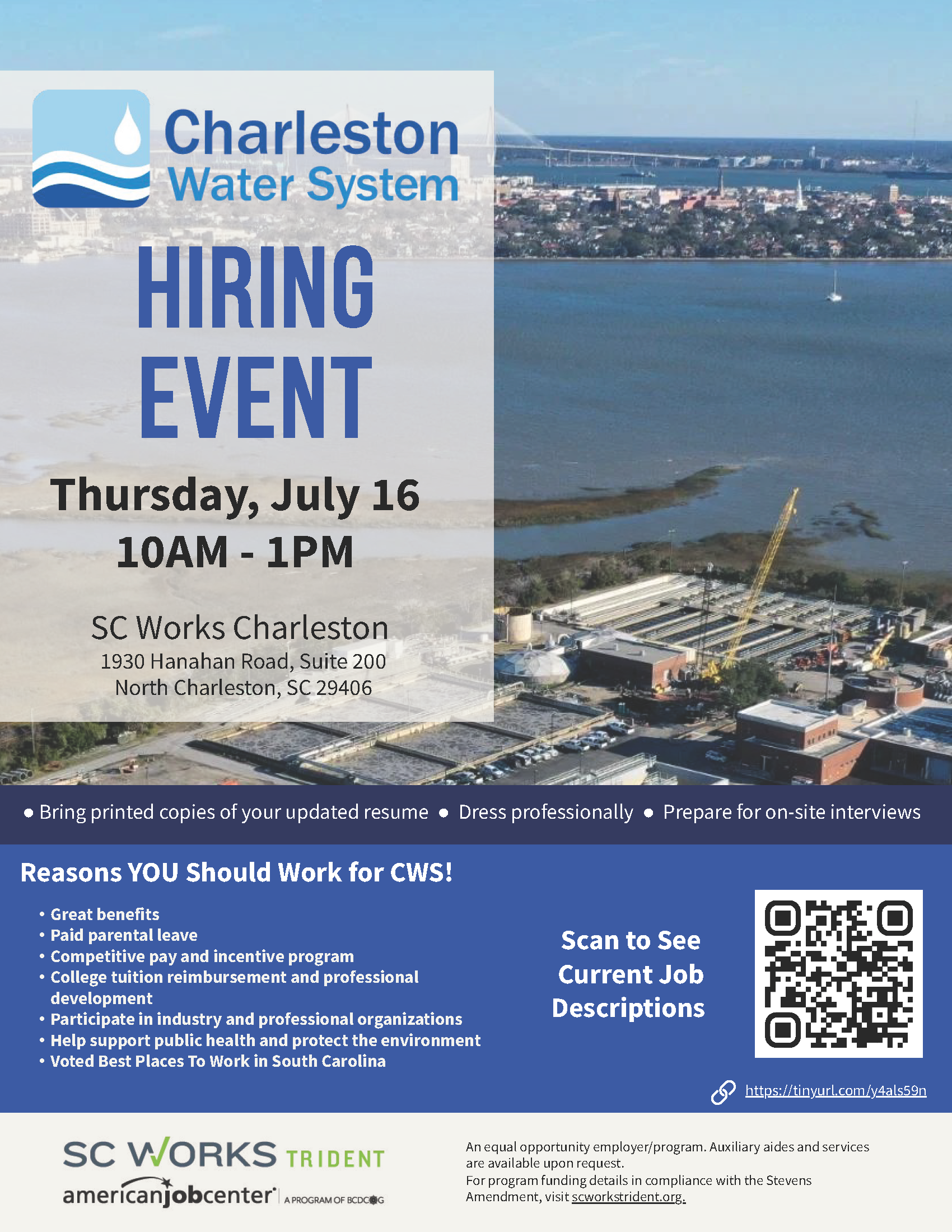 Charleston Water System Hiring Event
Thursday, July 16
10AM - 1PM
SC Works Charleston, 1930 Hanahan Road, Suite 200, North Charleston, SC 29406
Bring printed copies of your resume. Dress professionally. Prepare for on-site interviews.